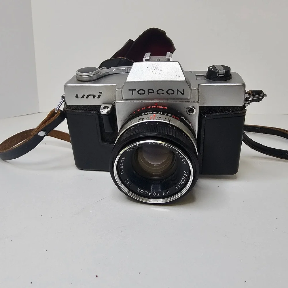 Vintage Topcon Uni 35mm SLR Camera with UV Topcor 53mm f2 Lens and Case Untested